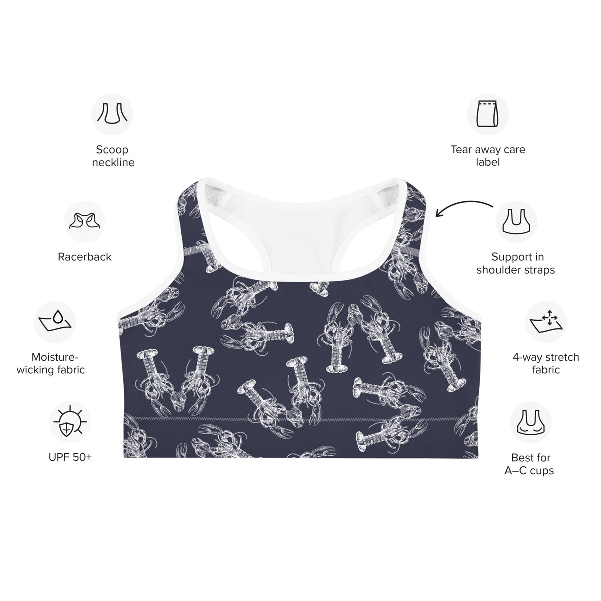 Nauti Love Lobster sports bra in navy and white by The Happy Fun Shop, photo 3 of 7