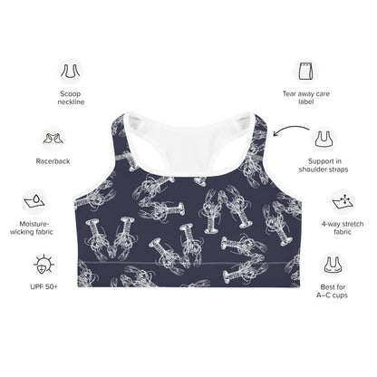 Nauti Love Lobster sports bra in navy and white by The Happy Fun Shop, photo 3 of 7
