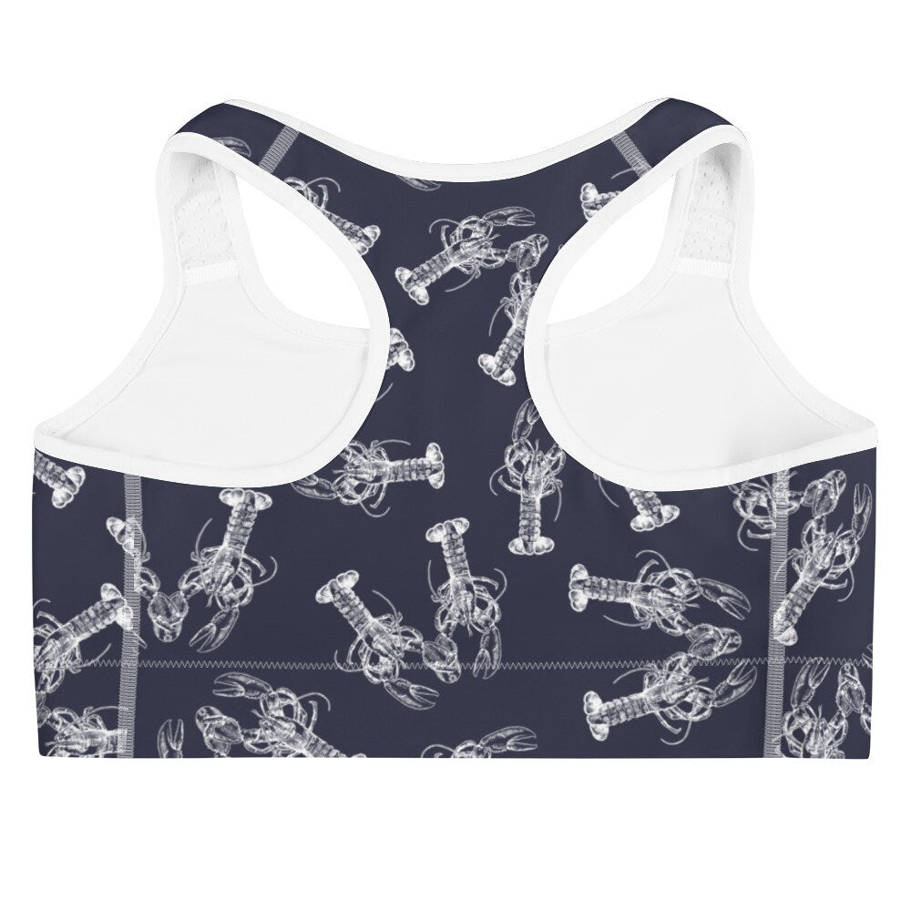Nauti Love Lobster sports bra in navy and white by The Happy Fun Shop, photo 2 of 7