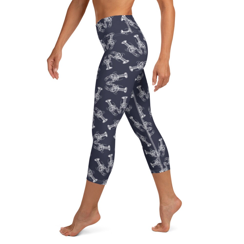 Nauti Love Lobster yoga capri leggings in navy and white by The Happy Fun Shop, photo 4 of 10