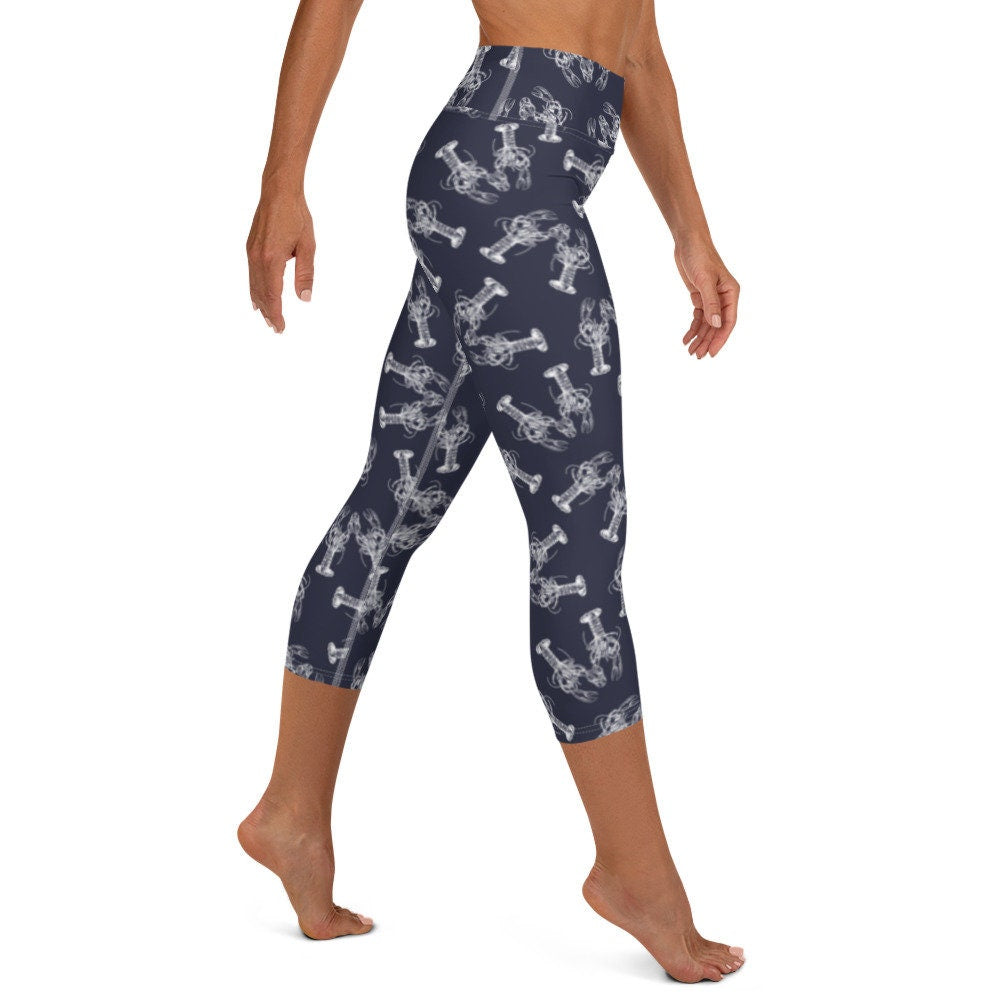Nauti Love Lobster yoga capri leggings in navy and white by The Happy Fun Shop, photo 5 of 10