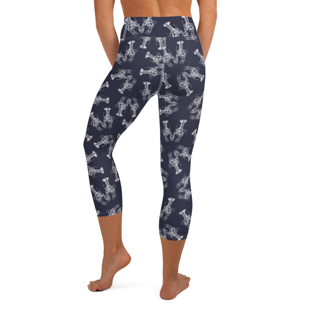 Nauti Love Lobster yoga capri leggings in navy and white by The Happy Fun Shop, photo 6 of 10