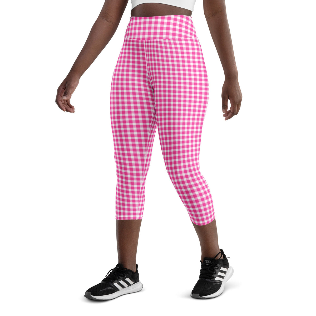 Scalloped Gingham Bright Pink Yoga Capri Leggings | Coastal Preppy Activewear | Happy Preppy Workout