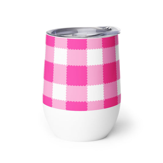 Scalloped Gingham Bright Pink wine tumbler in bright pink and white by The Happy Fun Shop, photo 1 of 9