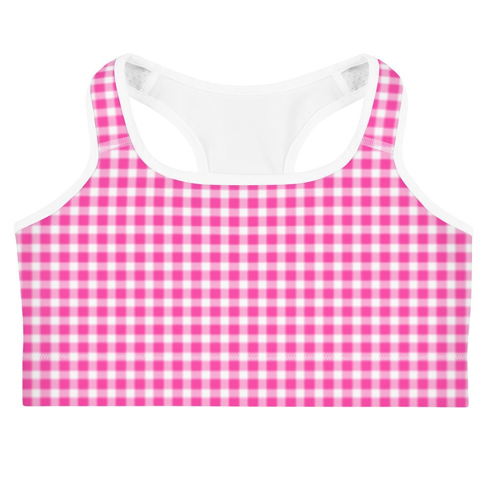 Scalloped Gingham Bright Pink Sports Bra | Coastal Preppy Activewear | Happy Preppy Workout Bra | 50
