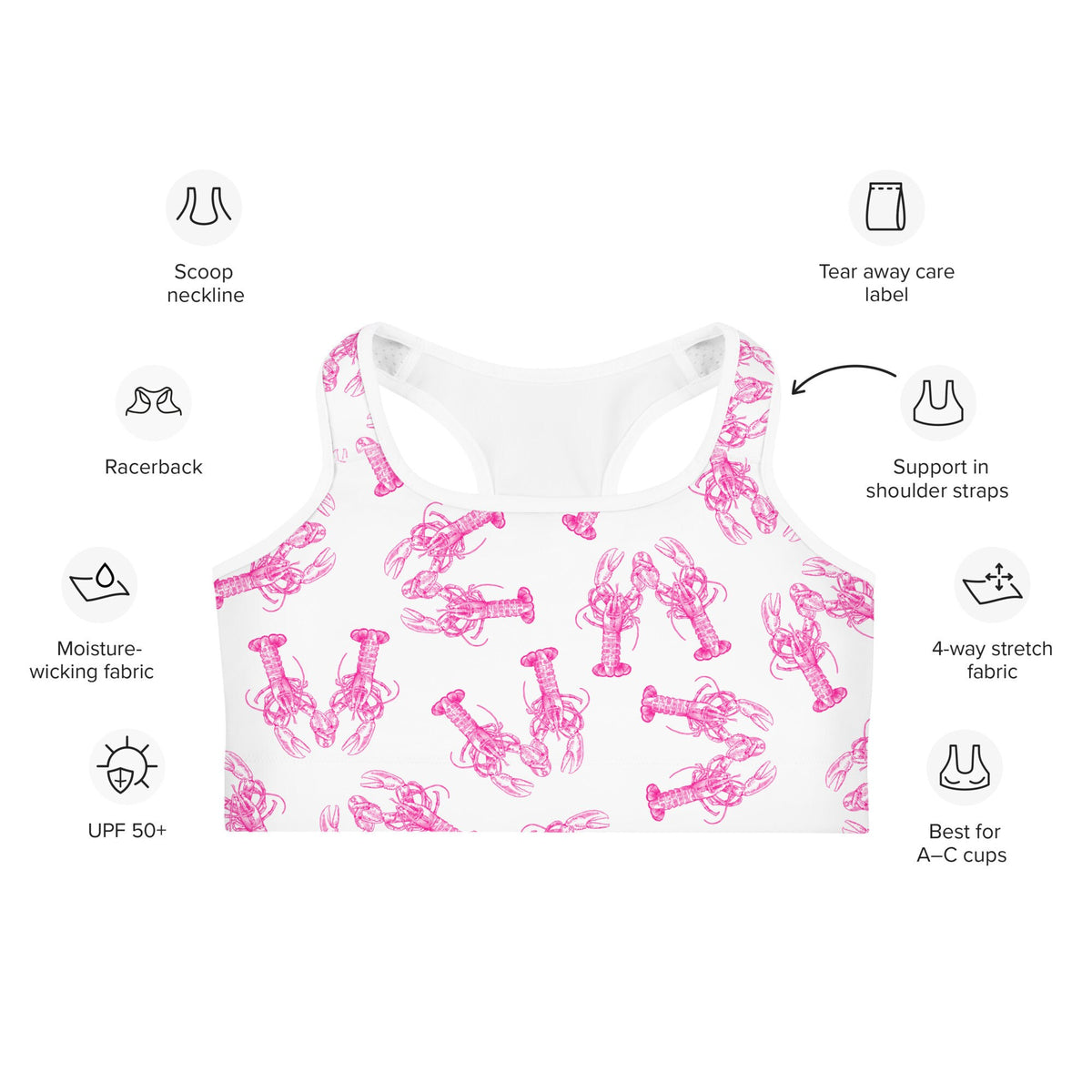 Lobster Love sports bra in pink by The Happy Fun Shop, photo 7 of 8