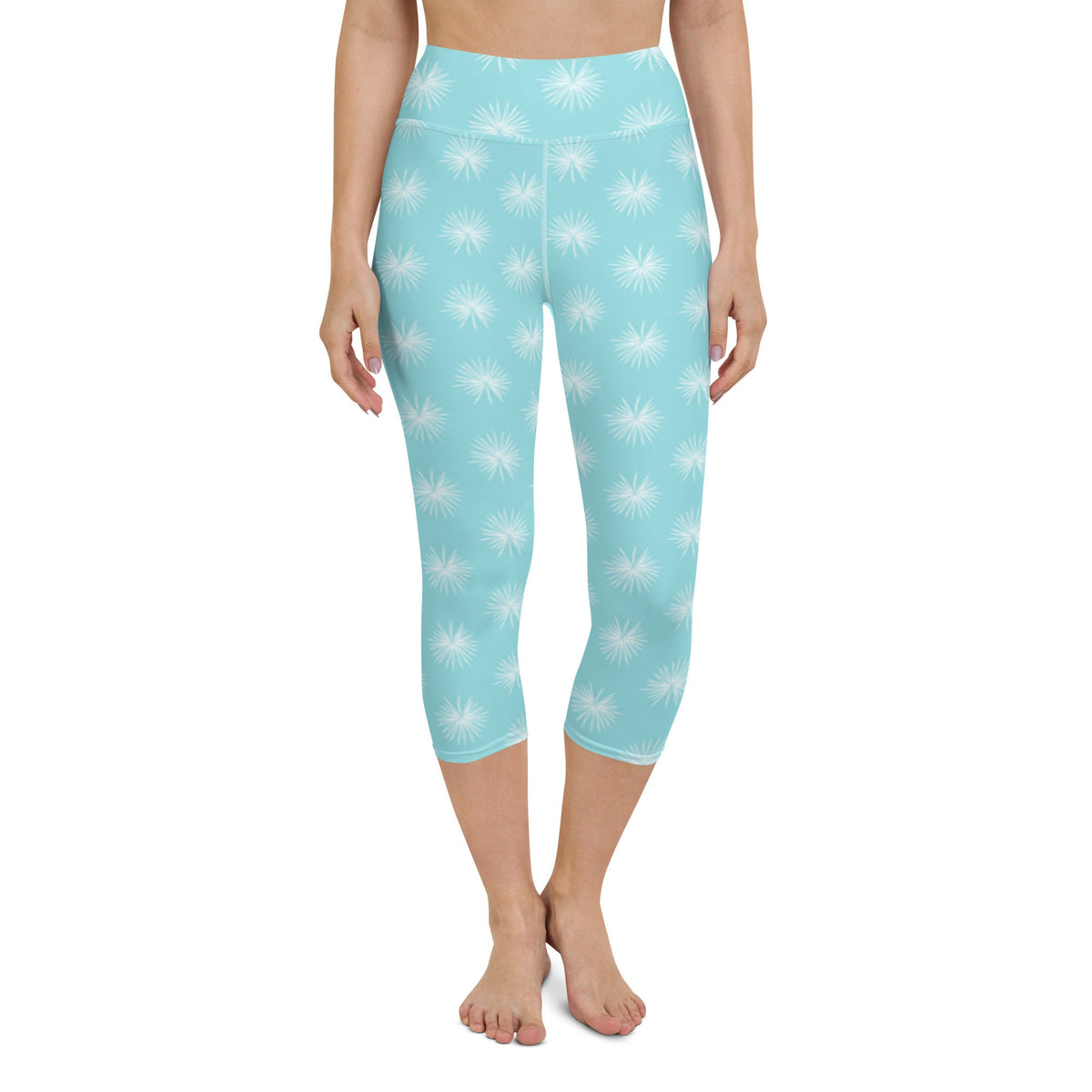 Palm Leaf yoga capri leggings in blue and turquoise by The Happy Fun Shop, photo 1 of 10
