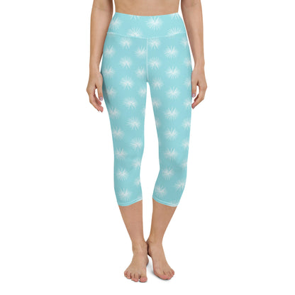Palm Leaf yoga capri leggings in blue and turquoise by The Happy Fun Shop, photo 1 of 10