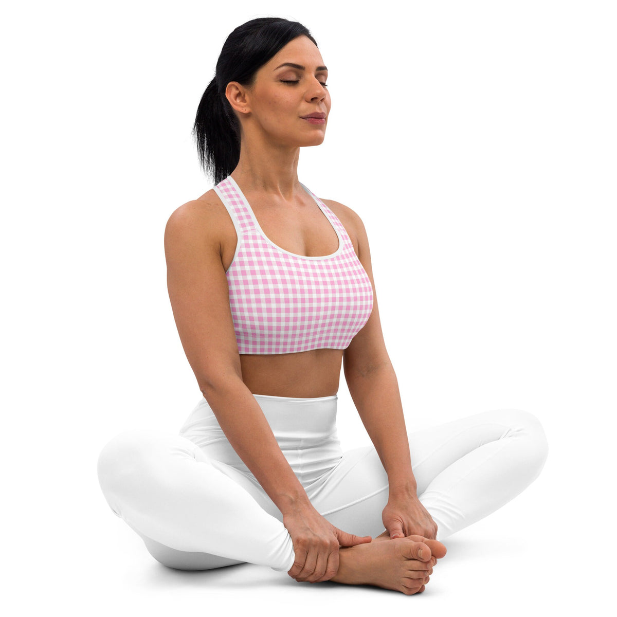 Scalloped Gingham Light Pink Sports Bra | Coastal Preppy Activewear | Happy Preppy Workout Bra | 50+