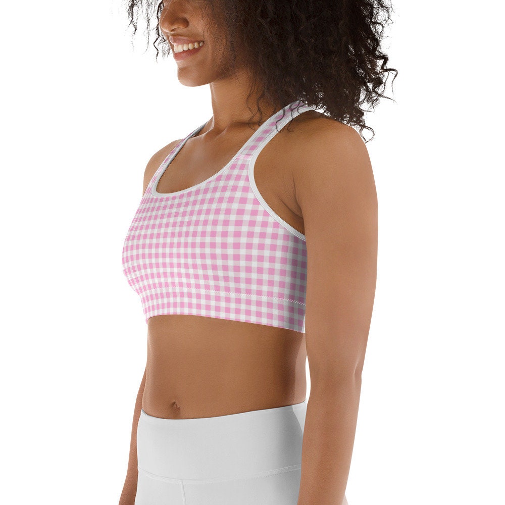 Scalloped Gingham Light Pink Sports Bra | Coastal Preppy Activewear | Happy Preppy Workout Bra | 50+