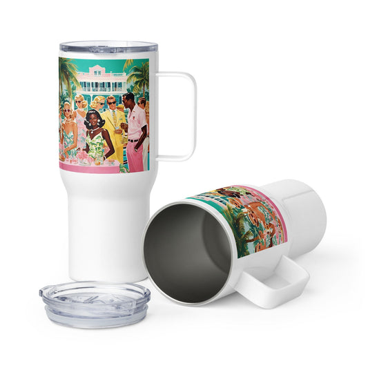 Palm Beach Party Preppy Coastal with a Handle Gift travel mug in pink and green by The Happy Fun Shop, photo 1 of 6