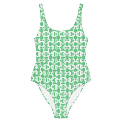 Latticework Green Preppy Coastal One-Piece Swimsuit