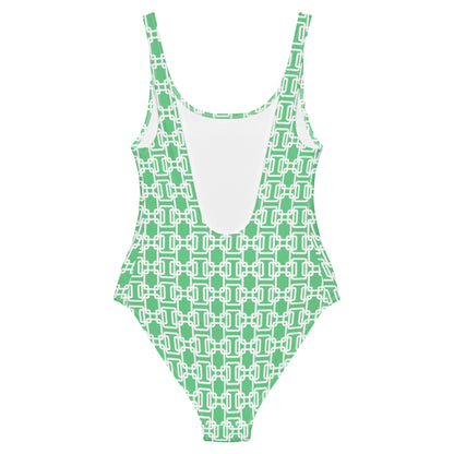 Latticework Green Preppy Coastal One-Piece Swimsuit