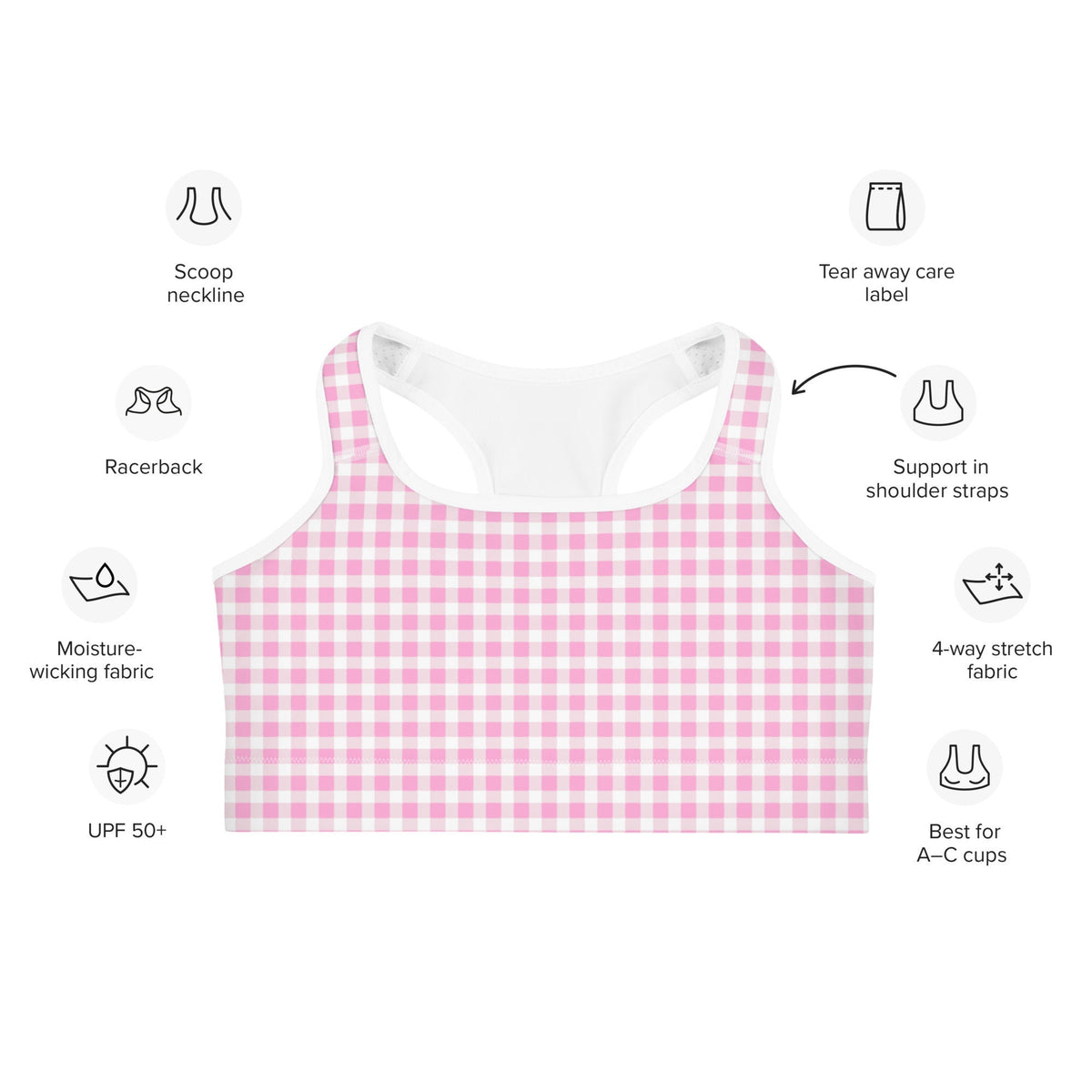 Scalloped Gingham Light Pink Sports Bra | Coastal Preppy Activewear | Happy Preppy Workout Bra | 50+