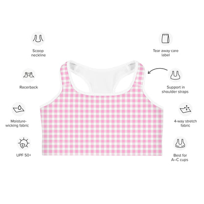 Scalloped Gingham Light Pink Sports Bra | Coastal Preppy Activewear | Happy Preppy Workout Bra | 50+