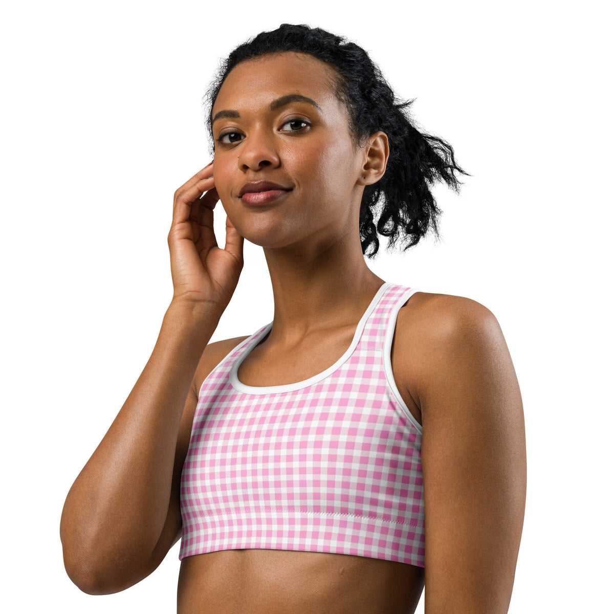 Scalloped Gingham Light Pink Sports Bra | Coastal Preppy Activewear | Happy Preppy Workout Bra | 50+