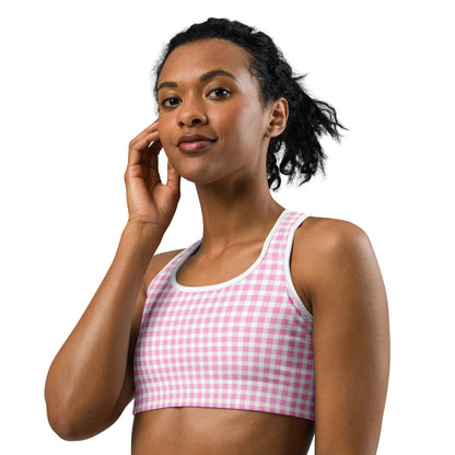 Scalloped Gingham Light Pink Sports Bra | Coastal Preppy Activewear | Happy Preppy Workout Bra | 50+