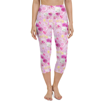 Garden Floral Pink Yoga Capri Leggings | Coastal Preppy Activewear | Happy Colorful Floral Yoga Pant