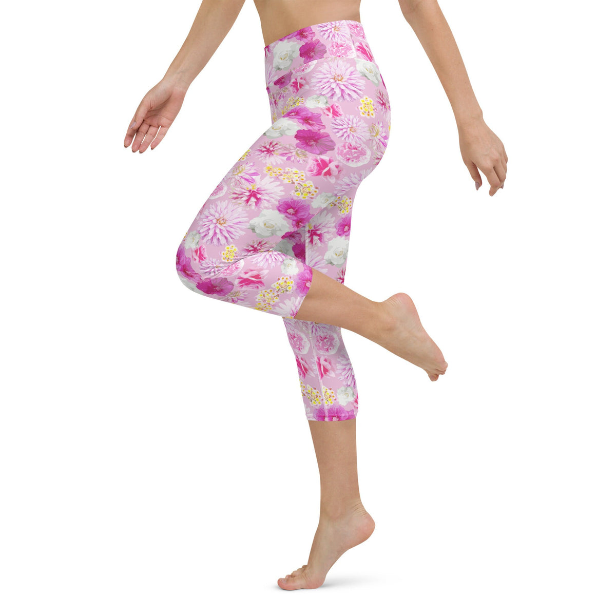Garden Floral Pink Yoga Capri Leggings | Coastal Preppy Activewear | Happy Colorful Floral Yoga Pant