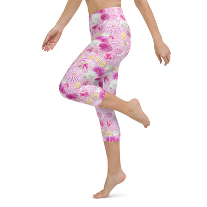 Garden Floral Pink Yoga Capri Leggings | Coastal Preppy Activewear | Happy Colorful Floral Yoga Pant