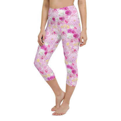 Garden Floral Pink Yoga Capri Leggings | Coastal Preppy Activewear | Happy Colorful Floral Yoga Pant