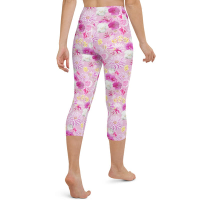 Garden Floral Pink Yoga Capri Leggings | Coastal Preppy Activewear | Happy Colorful Floral Yoga Pant