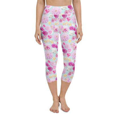 Garden Floral Yoga Capri Leggings Aqua