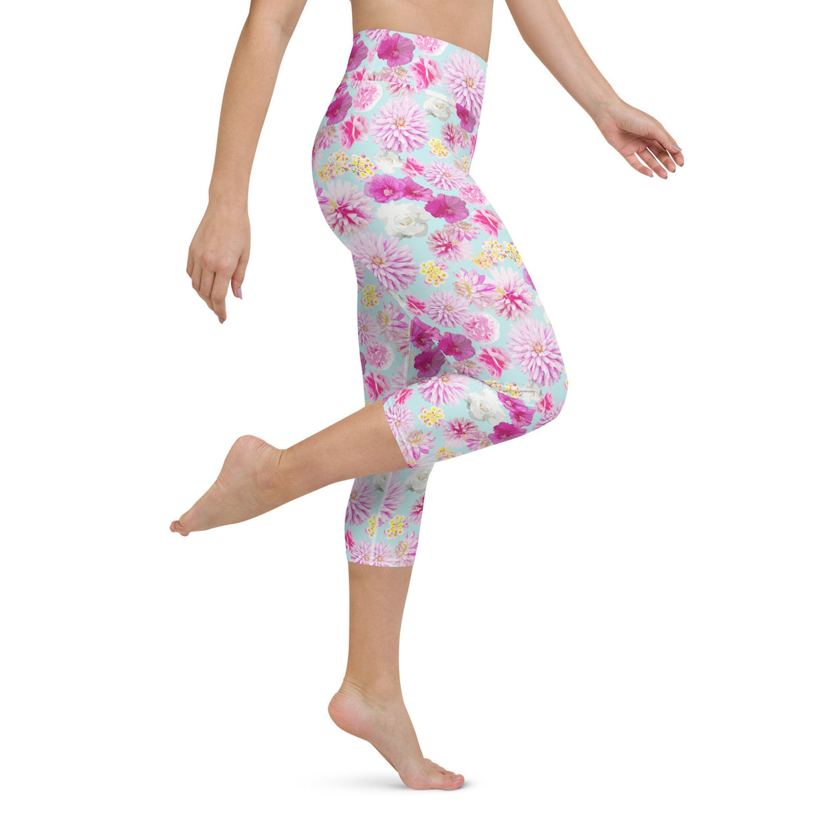 Garden Floral Yoga Capri Leggings Aqua