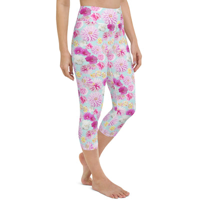 Garden Floral Yoga Capri Leggings Aqua