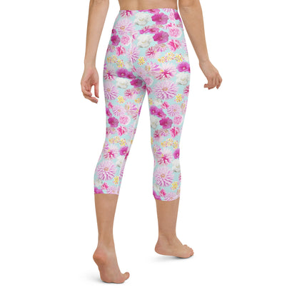 Garden Floral Yoga Capri Leggings Aqua