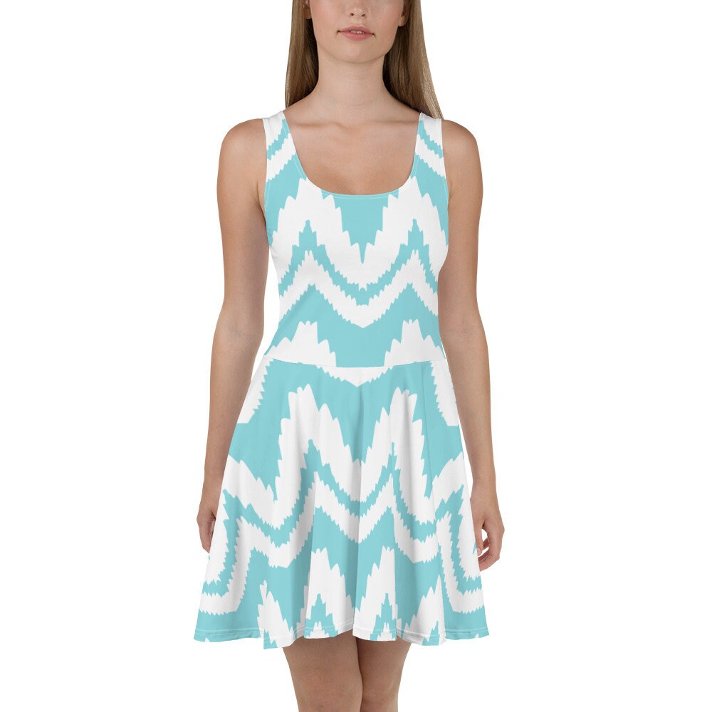 Jersey Knit Island Ikat Blue Coastal Skater Dress womens casual