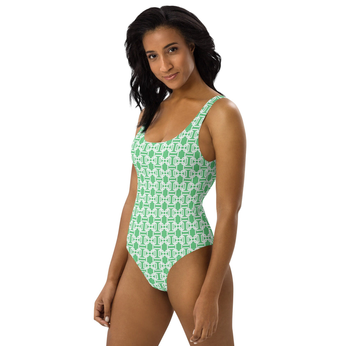 Latticework Green Preppy Coastal One-Piece Swimsuit