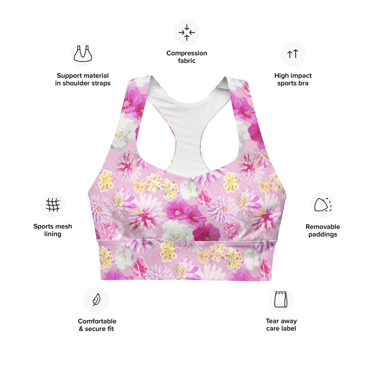 Garden Floral Pink Longline sports bra