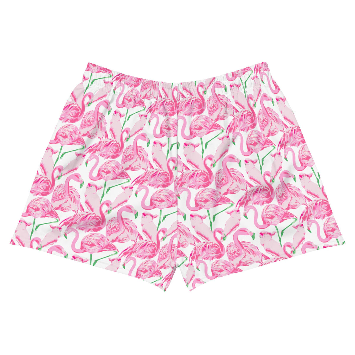 Palm Springs Flamingo Pink Women’s Athletic UPF50+ protection athletic shorts in pink and white by The Happy Fun Shop, photo