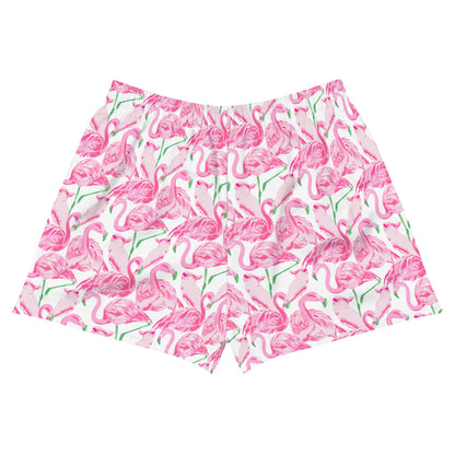 Palm Springs Flamingo Pink Women’s Athletic UPF50+ protection athletic shorts in pink and white by The Happy Fun Shop, photo
