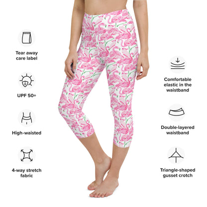 Palm Springs Flamingo Coastal Pink yoga capri leggings in pink and green by The Happy Fun Shop, photo 4 of 10