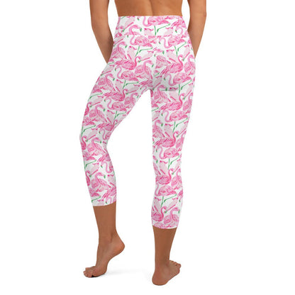Palm Springs Flamingo Coastal Pink yoga capri leggings in pink and green by The Happy Fun Shop, photo 6 of 10