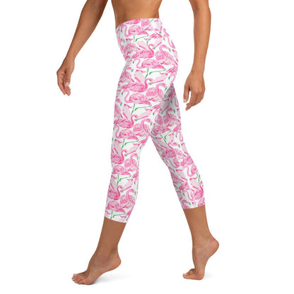 Palm Springs Flamingo Coastal Pink yoga capri leggings in pink and green by The Happy Fun Shop, photo 8 of 10