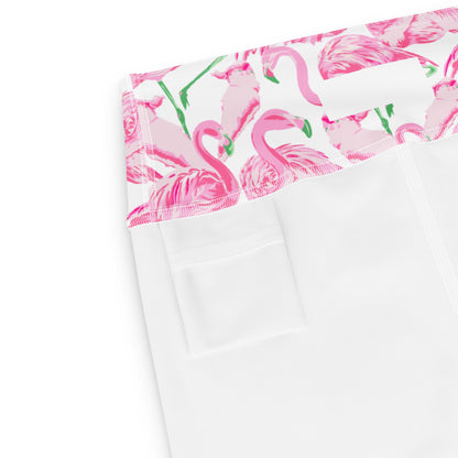 Palm Springs Flamingo Coastal Pink yoga capri leggings in pink and green by The Happy Fun Shop, photo 5 of 10