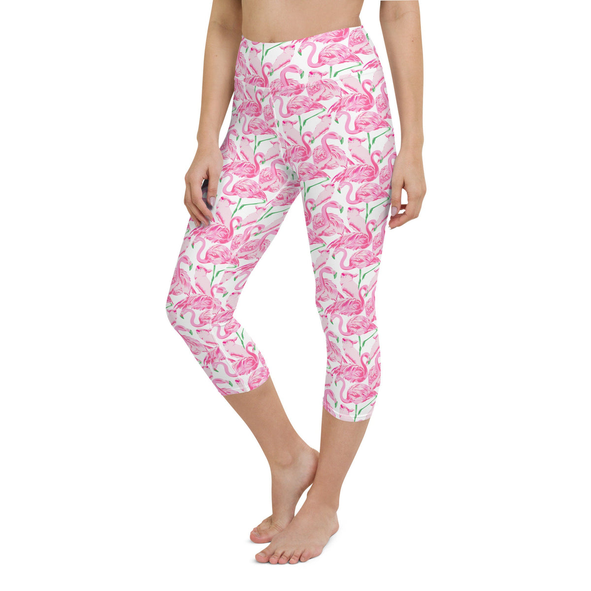 Palm Springs Flamingo Coastal Pink yoga capri leggings in pink and green by The Happy Fun Shop, photo 9 of 10