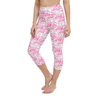 Palm Springs Flamingo Coastal Pink yoga capri leggings in pink and green by The Happy Fun Shop, photo 9 of 10