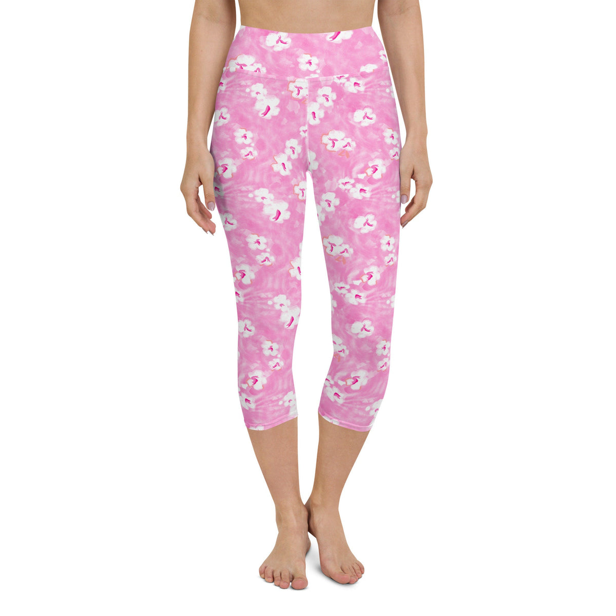 Painted Pansy Pink Floral Coastal Yoga Capri Leggings 50+ UPF