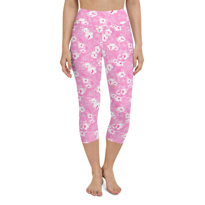 Painted Pansy Pink Floral Coastal Yoga Capri Leggings 50+ UPF