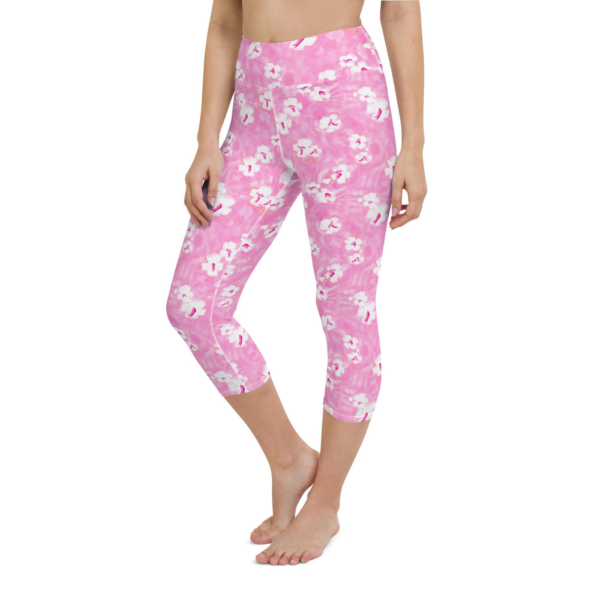 Painted Pansy Pink Floral Coastal Yoga Capri Leggings 50+ UPF