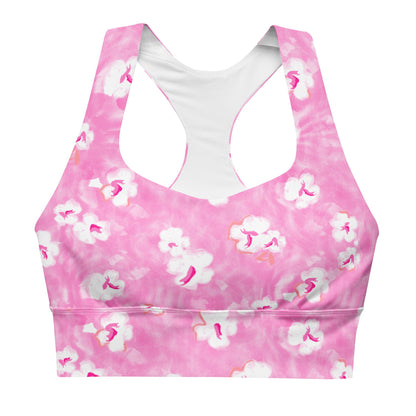 Painted Pansy Pink Floral Longline sports bra in pink and white by The Happy Fun Shop, photo 1 of 8