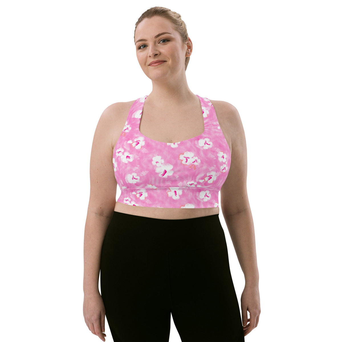 Painted Pansy Pink Floral Longline sports bra in pink and white by The Happy Fun Shop, photo 4 of 8