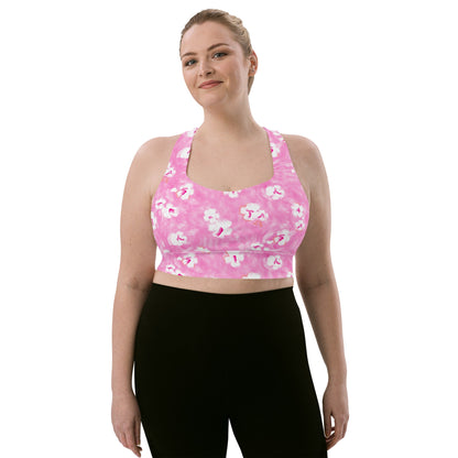 Painted Pansy Pink Floral Longline sports bra in pink and white by The Happy Fun Shop, photo 4 of 8