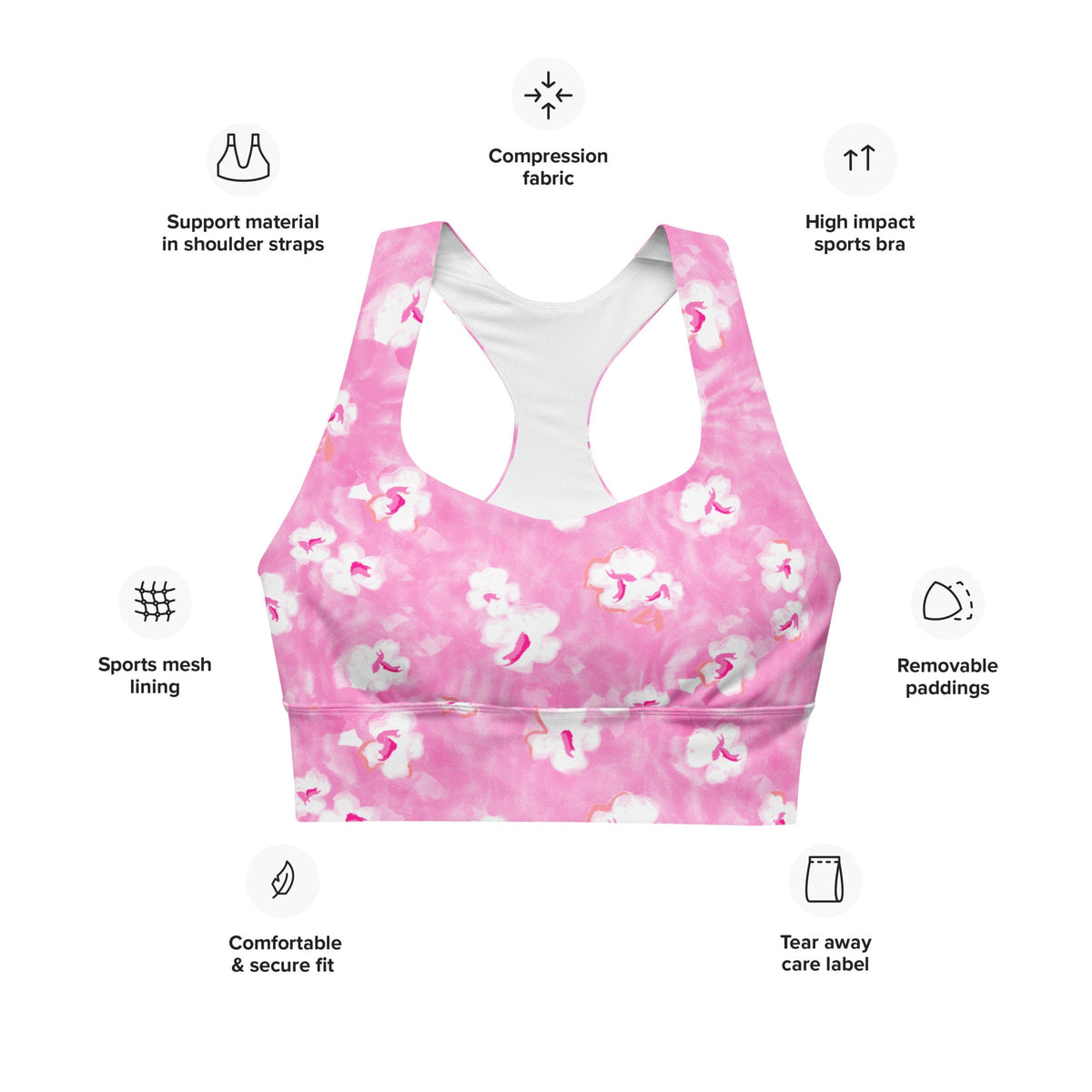 Painted Pansy Pink Floral Longline sports bra in pink and white by The Happy Fun Shop, photo 7 of 8