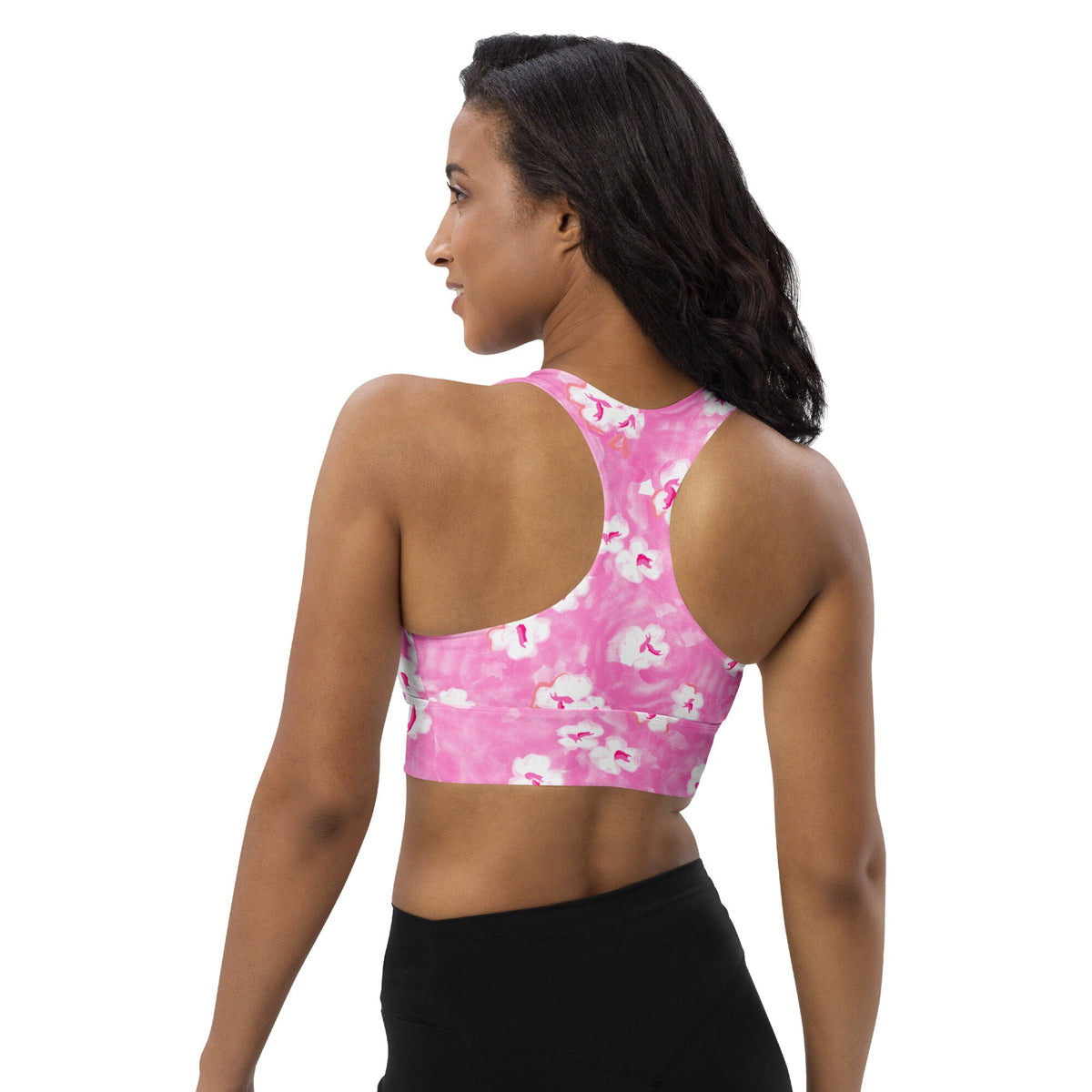 Painted Pansy Pink Floral Longline sports bra in pink and white by The Happy Fun Shop, photo 5 of 8