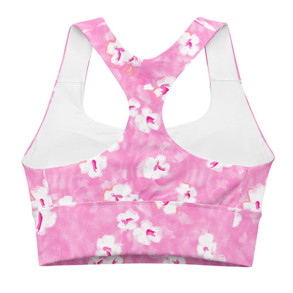 Painted Pansy Pink Floral Longline sports bra in pink and white by The Happy Fun Shop, photo 2 of 8